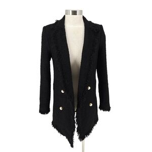 Zara Tweed Midi Coat Black Fringe Long Sleeve Pearl Open Front Jacket XS